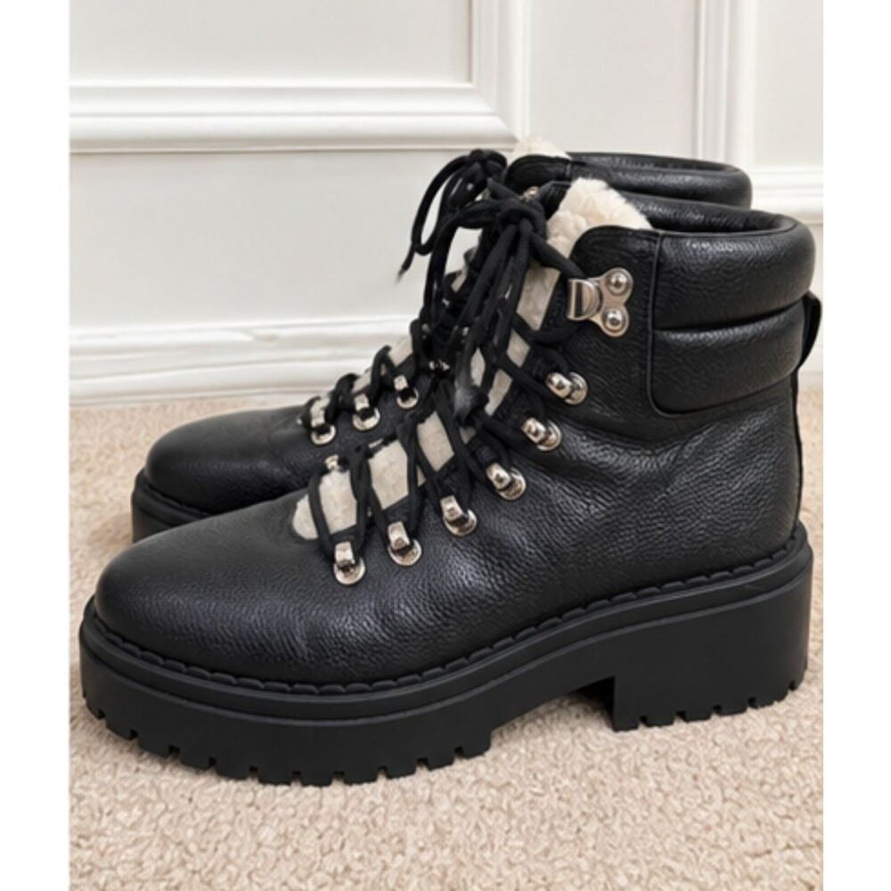 Marc Fisher Nairy Womens 8 Black Leather Shearling Lined Lug Sole Combat Boots